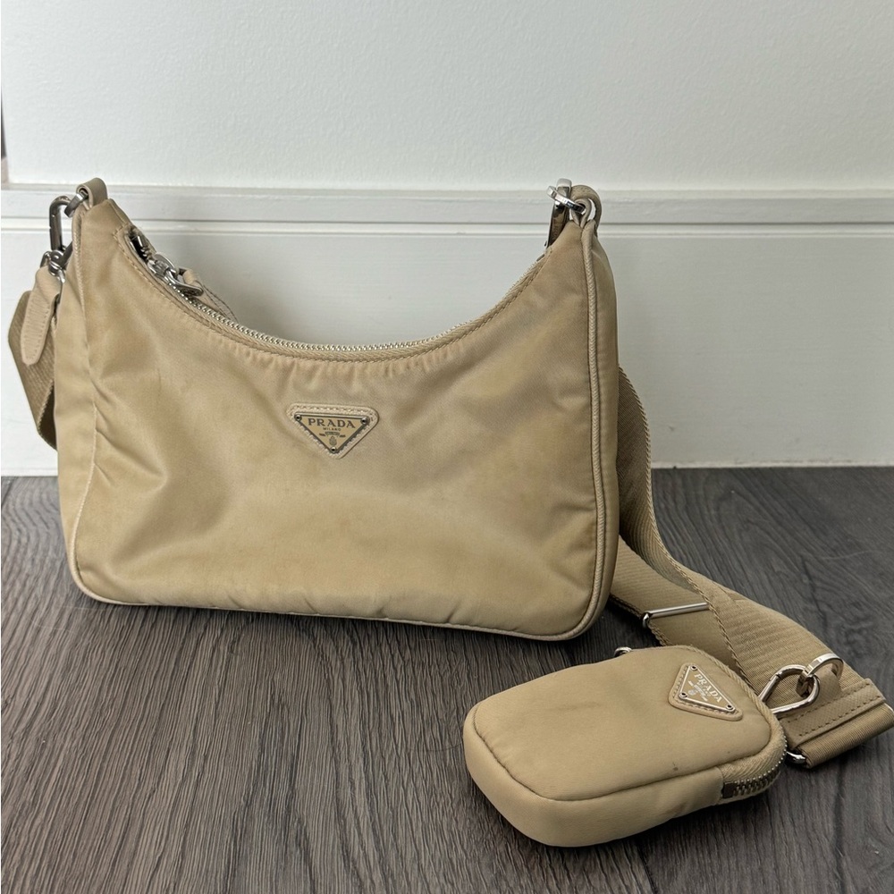 Prada Tan Nylon Crossbody Bag with Silver Hardware